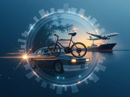 汽车与飞机概念图，展现科技感和速度感，深色背景，橙色灯光效果，流线型设计元素