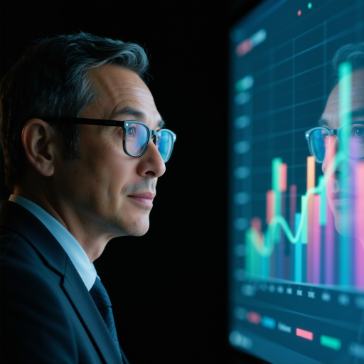 五十岁左右中年男性,戴眼镜,穿深色西装,背景科技感,正面严肃表情