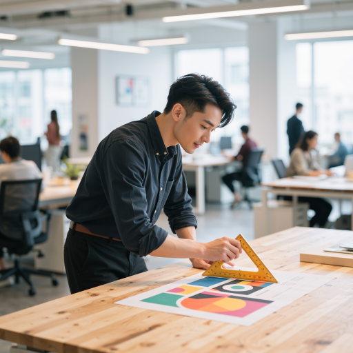 四十岁左右中年男性,短发,穿黑色衬衫,背景工业设计工作室,专注工作状态