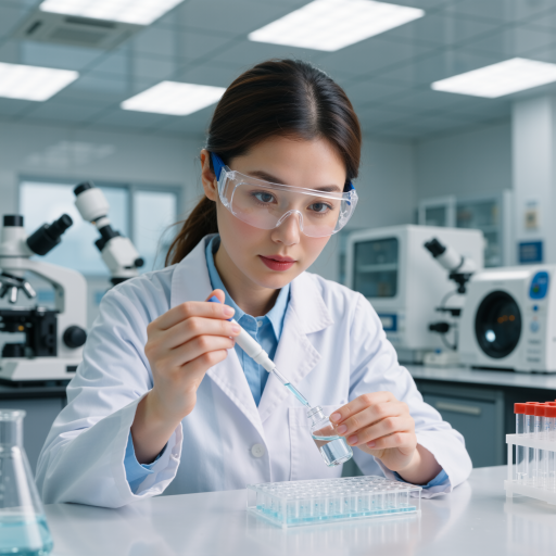 三十五岁左右女性,长发,穿白色实验服,背景实验室,专业工作环境